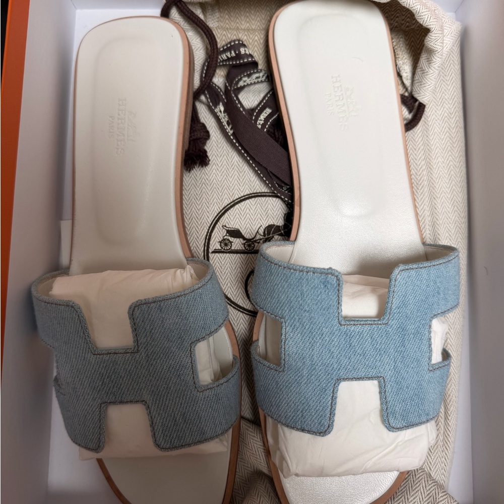 Hermès Oran Light Blue Denim Slide Sandals